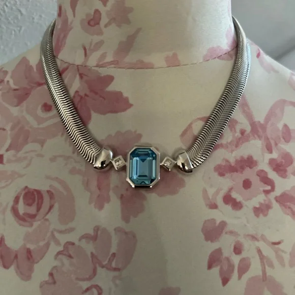 CHRISTIAN DIOR Emerald Cut London Blue Topaz and Pave' Crystal Statement Choker
